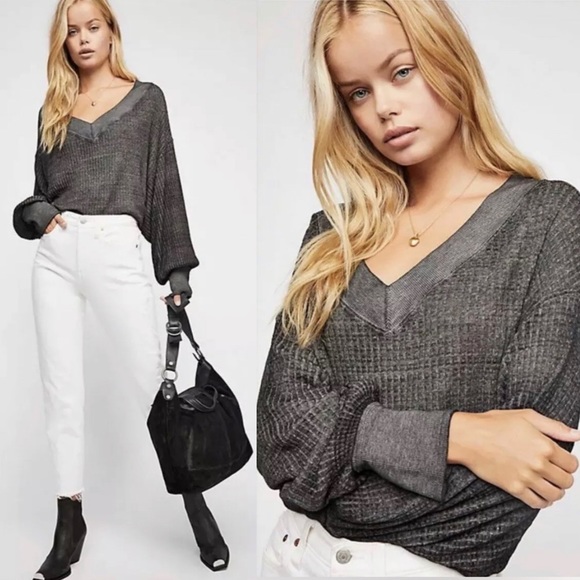 We The Free Tops - Free People We The Free South Side Thermal Boho Top Black Gray L $68 OB808615